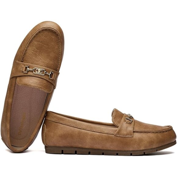 Women Khaki Polyurethane Accent Buckle Leisure Slip On Walking Flats Shoes - Picture 7 of 9